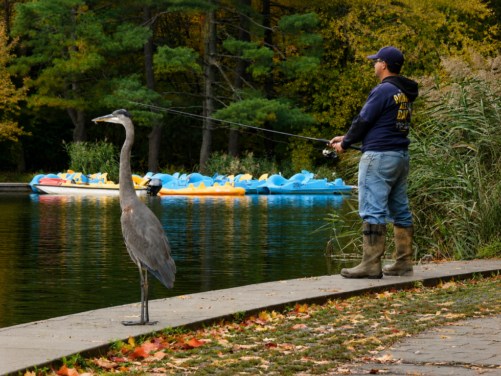 Maryland suburban lake with great blue heron wildlife representing the fishing and natural habitat at Lake Elkhorn Park in Columbia