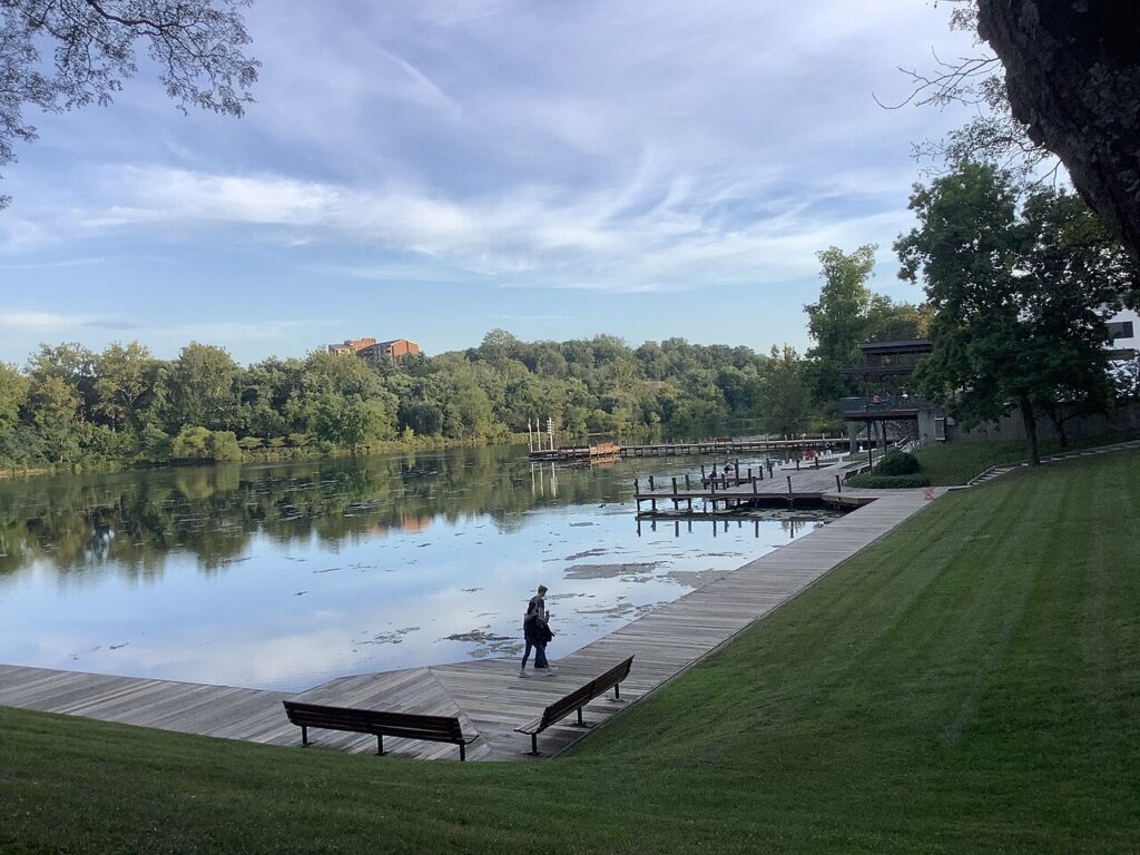 Lake Kittamaqundi Columbia Maryland showing the lakefront boardwalk and civic public space at the heart of James Rouse's planned community